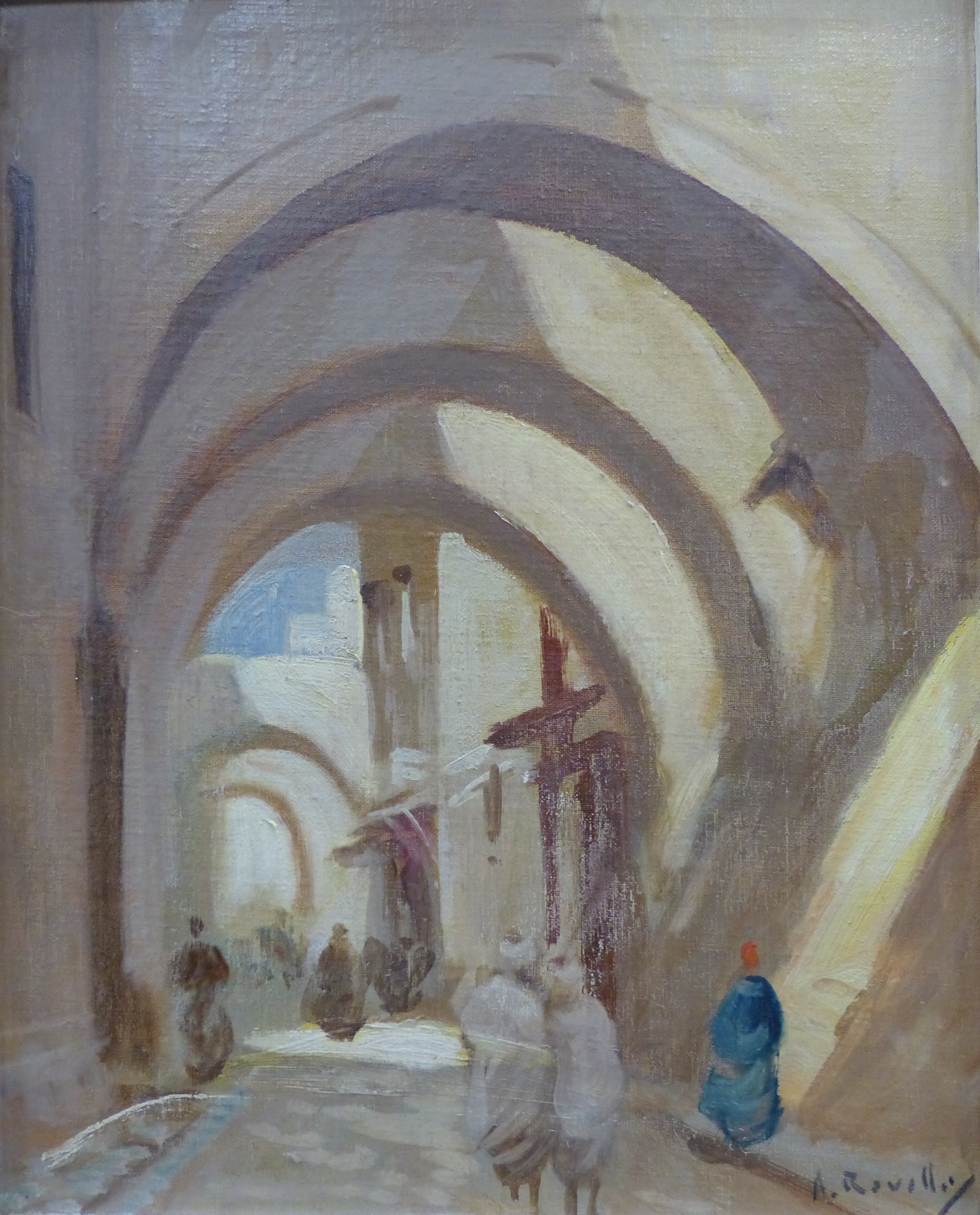 A. Robelly, oil on board, Arabian street scene, signed, 23 x 29cm